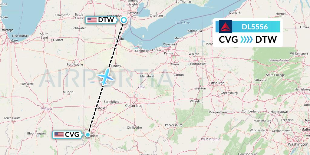 DL5556 Delta Air Lines Flight Map: Cincinnati to Detroit