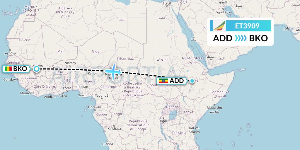 ET3909 Ethiopian Airlines Flight Map: Addis Ababa to Bamako