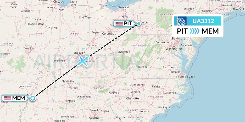 UA3312 United Airlines Flight Map: Pittsburgh to Memphis