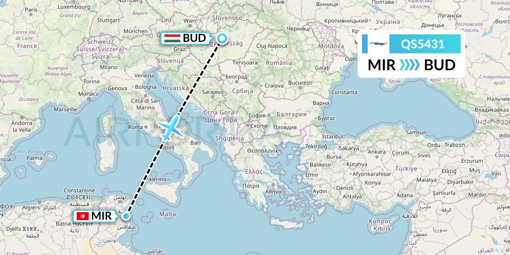 QS5431 Smartwings Flight Map: Monastir to Budapest