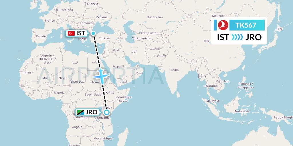 TK567 Turkish Airlines Flight Map: Istanbul to Kilimanjaro