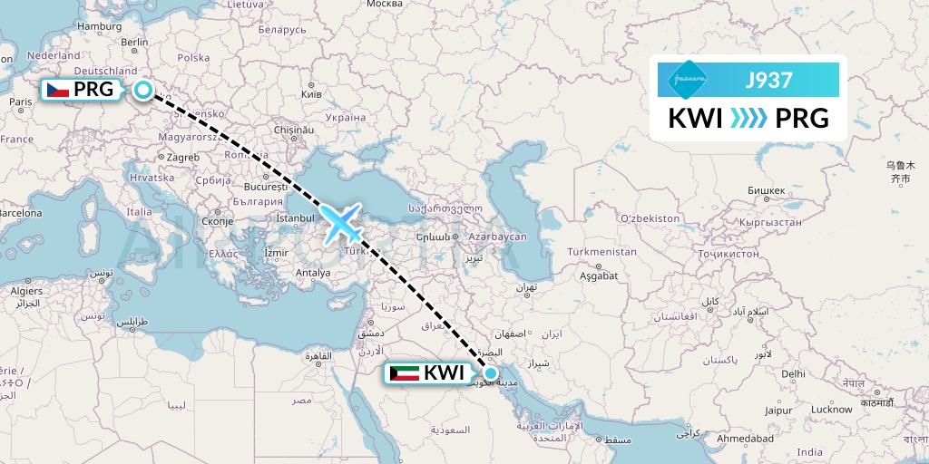 J937 Jazeera Airways Flight Map: Kuwait City to Prague