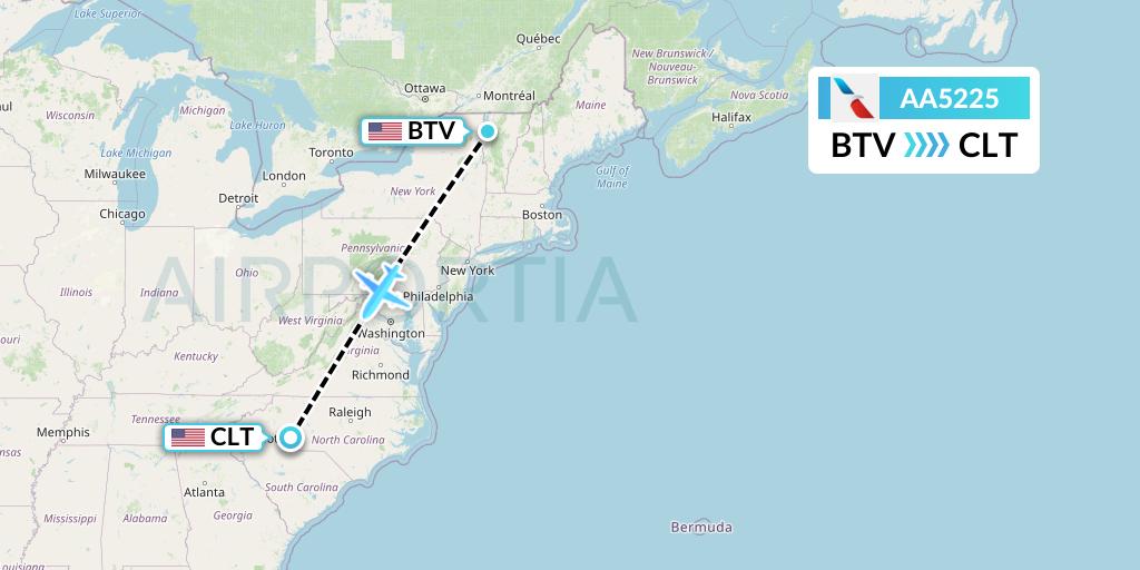 AA5225 American Airlines Flight Map: Burlington to Charlotte