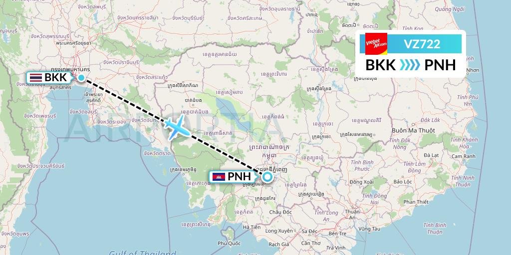 VZ722 Thai Vietjet Air Flight Map: Bangkok to Phnom Penh