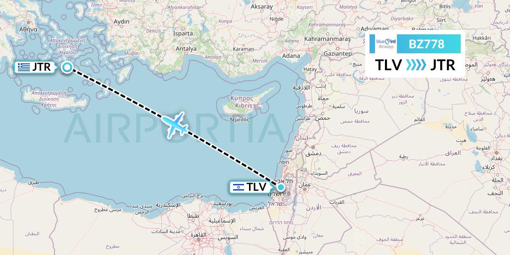 BZ778 Bluebird Airways Flight Map: Tel Aviv to Santorini