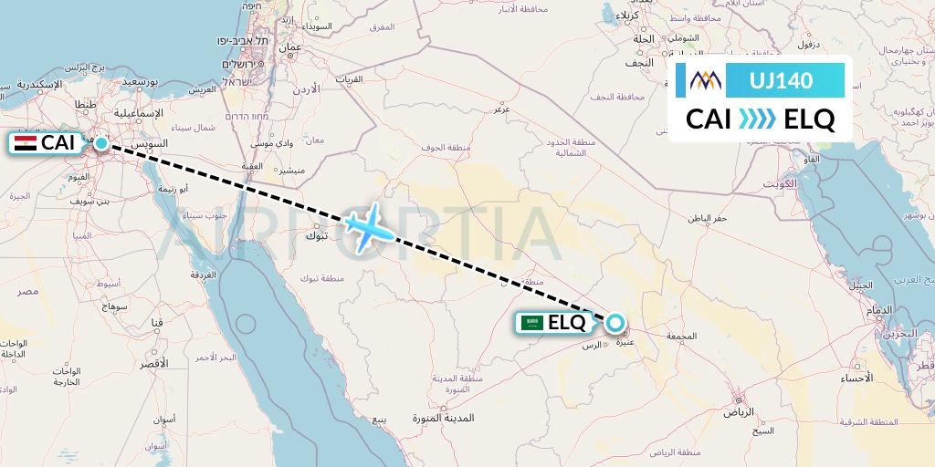 UJ140 AlMasria Universal Airlines Flight Map: Cairo to Al-Qassim