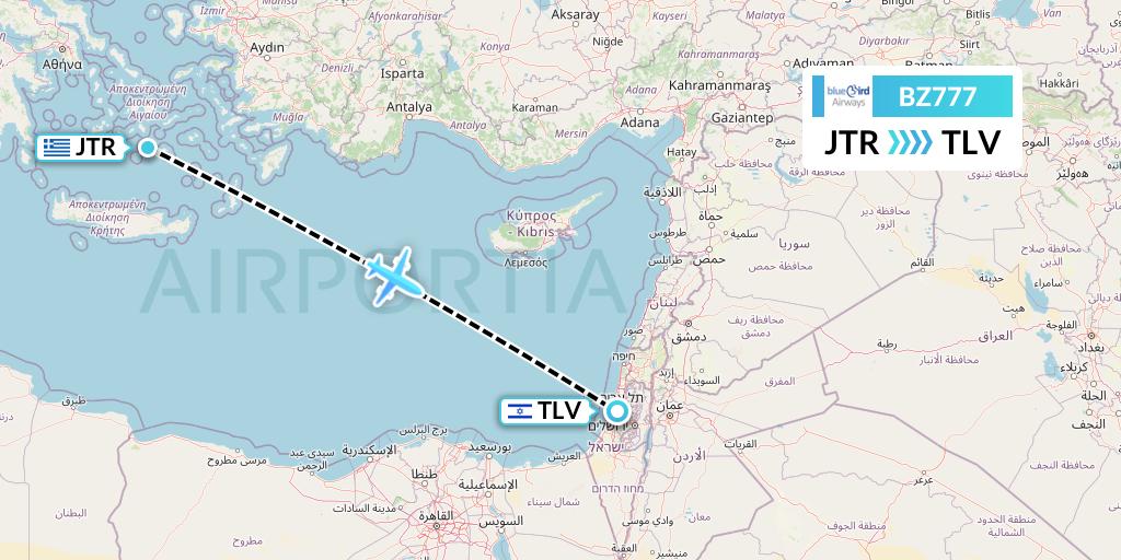BZ777 Bluebird Airways Flight Map: Santorini to Tel Aviv