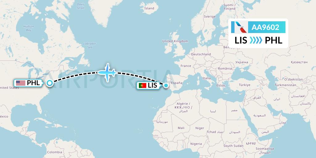 AA9602 American Airlines Flight Map: Lisbon to Philadelphia