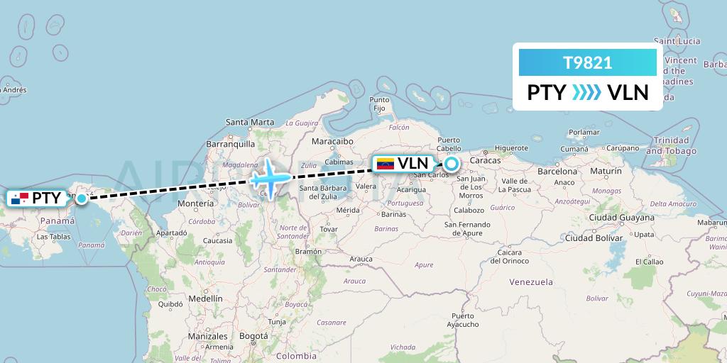 T9821 Turpial Airlines Flight Map: Panama City to Valencia