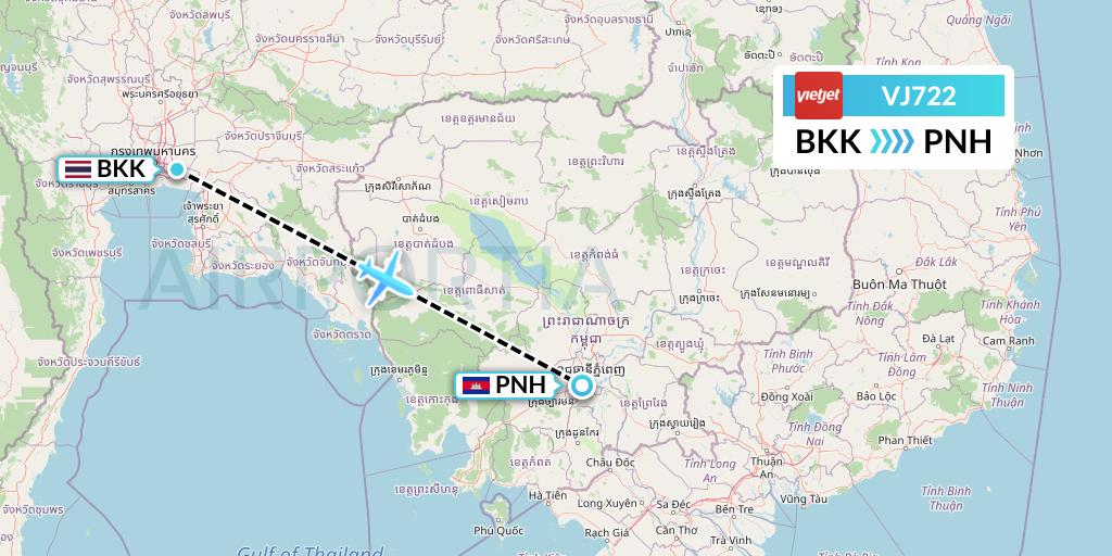VJ722 VietJet Air Flight Map: Bangkok to Phnom Penh