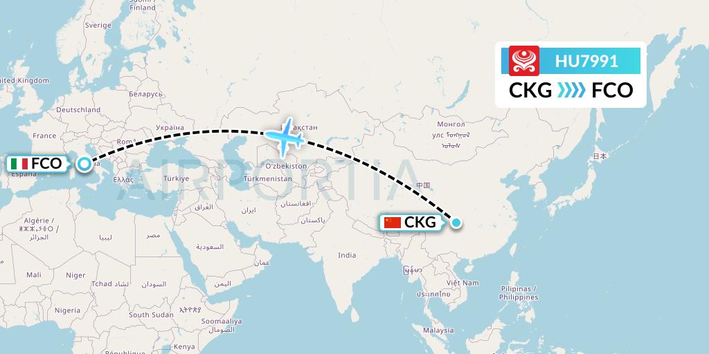HU7991 Hainan Airlines Flight Map: Chongqing to Rome