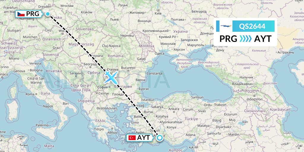 QS2644 Smartwings Flight Map: Prague to Antalya