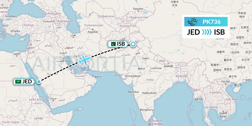 PK736 Pakistan International Airlines Flight Map: Jeddah to Islamabad