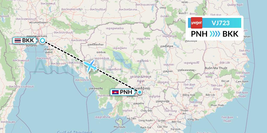 VJ723 VietJet Air Flight Map: Phnom Penh to Bangkok