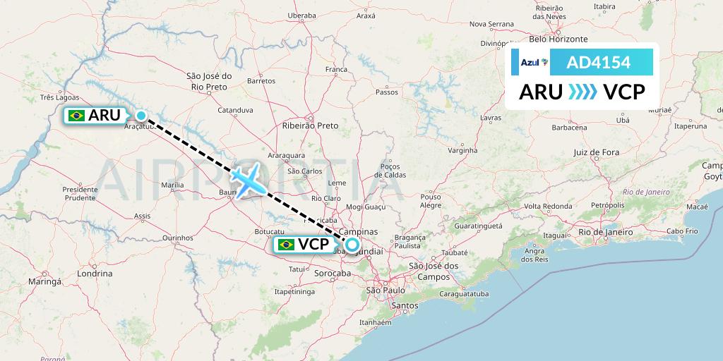 AD4154 Azul Brazilian Airlines Flight Map: Aracatuba to Campinas