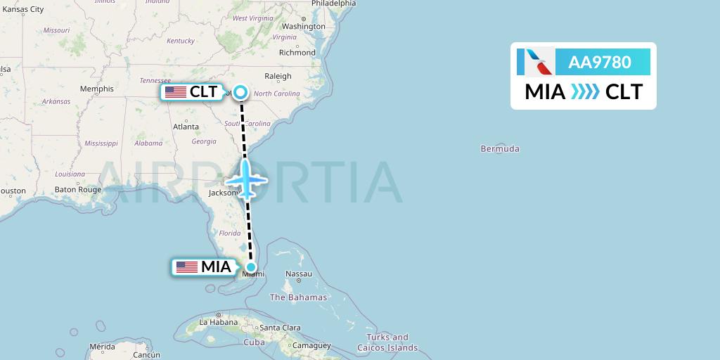 AA9780 American Airlines Flight Map: Miami to Charlotte