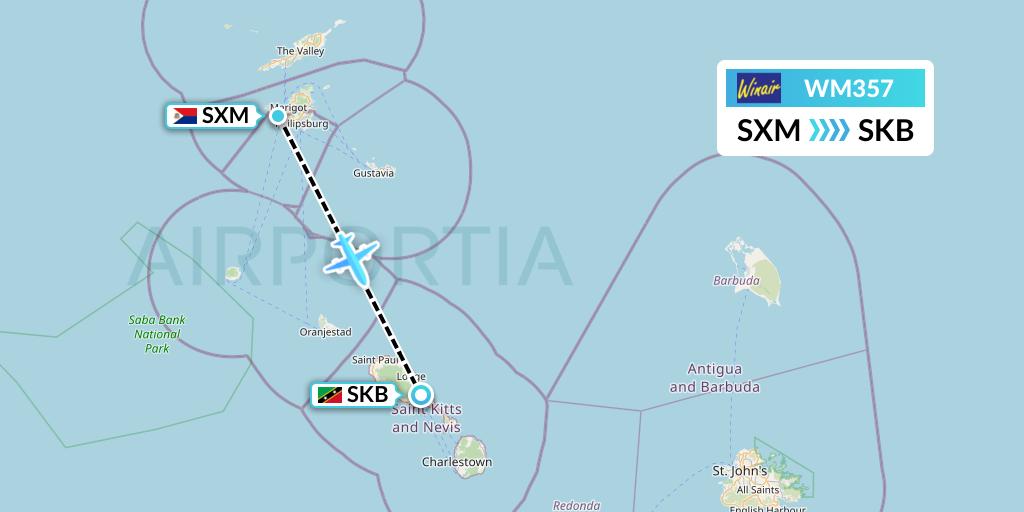 WM357 Winair Flight Map: Sint Maarten to Basseterre