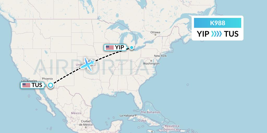 K988 Kalitta Charters Flight Map: Detroit to Tucson