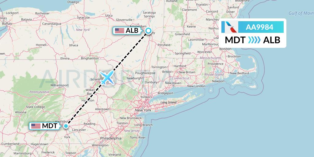 AA9984 American Airlines Flight Map: Harrisburg to Albany
