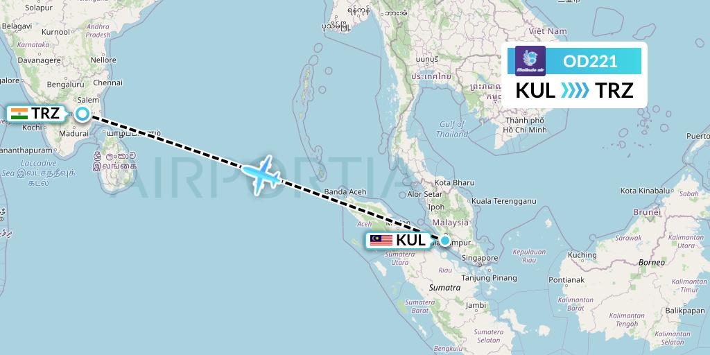 OD221 Batik Air Malaysia Flight Map: Kuala Lumpur to Tiruchirapalli