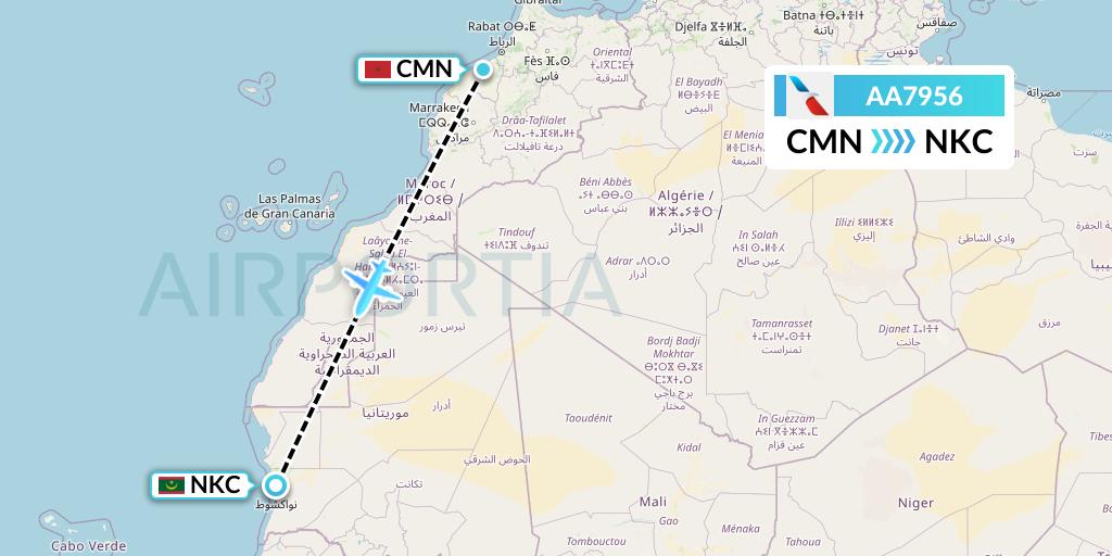 AA7956 American Airlines Flight Map: Casablanca to Nouakchott