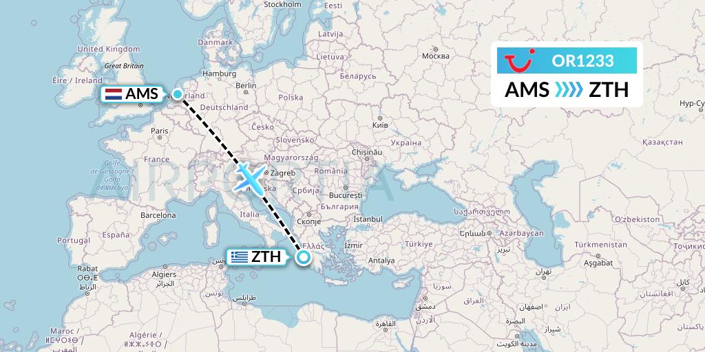 OR1233 TUI fly Netherlands Flight Map: Amsterdam to Zakynthos