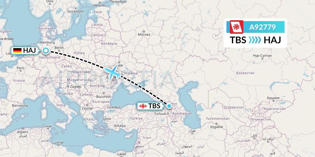 A92779 Georgian Airways Flight Map: Tbilisi to Hannover