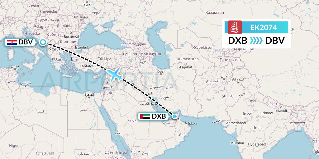 EK2074 Emirates Flight Map: Dubai to Dubrovnik