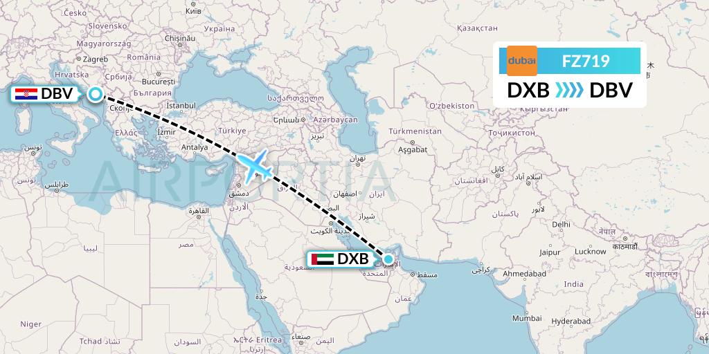 FZ719 FlyDubai Flight Map: Dubai to Dubrovnik