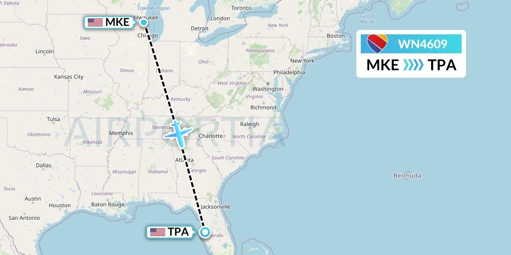 WN4609 Southwest Airlines Flight Map: Milwaukee to Tampa
