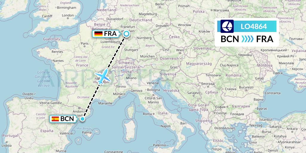 LO4864 LOT Flight Map: Barcelona to Frankfurt