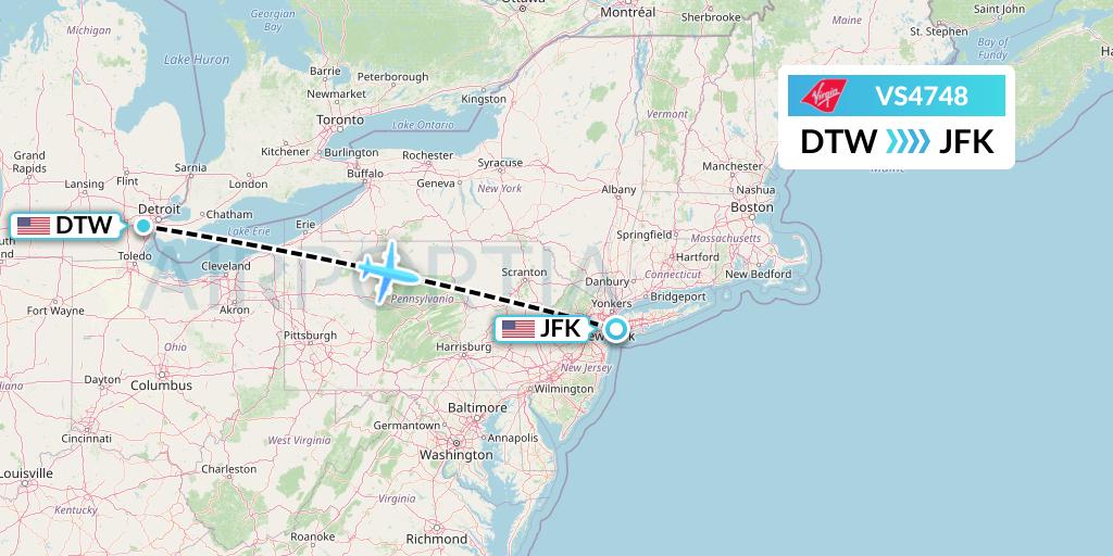 VS4748 Virgin Atlantic Airways Flight Map: Detroit to New York