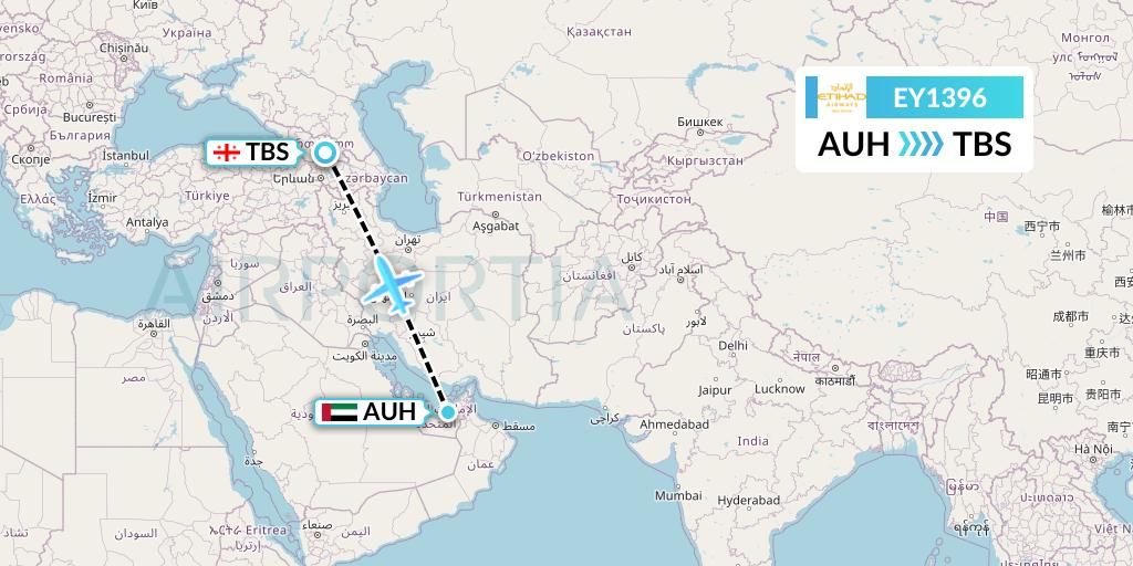 EY1396 Etihad Airways Flight Map: Abu Dhabi to Tbilisi