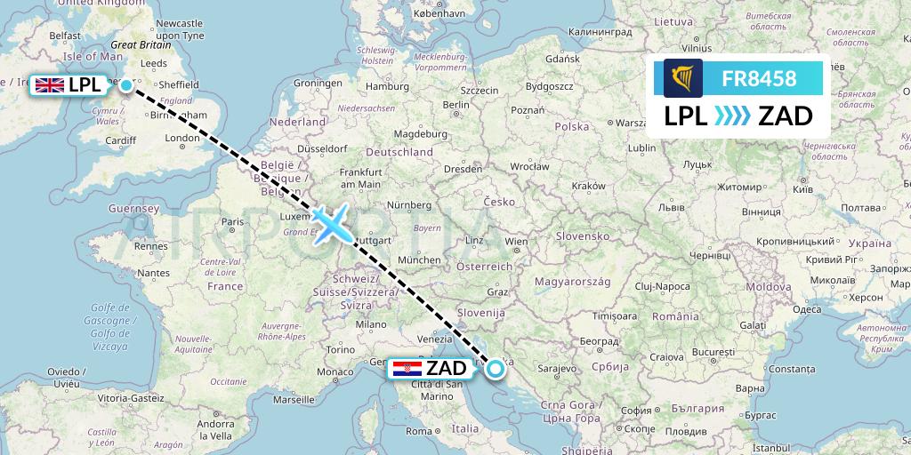 FR8458 Ryanair Flight Map: Liverpool to Zadar