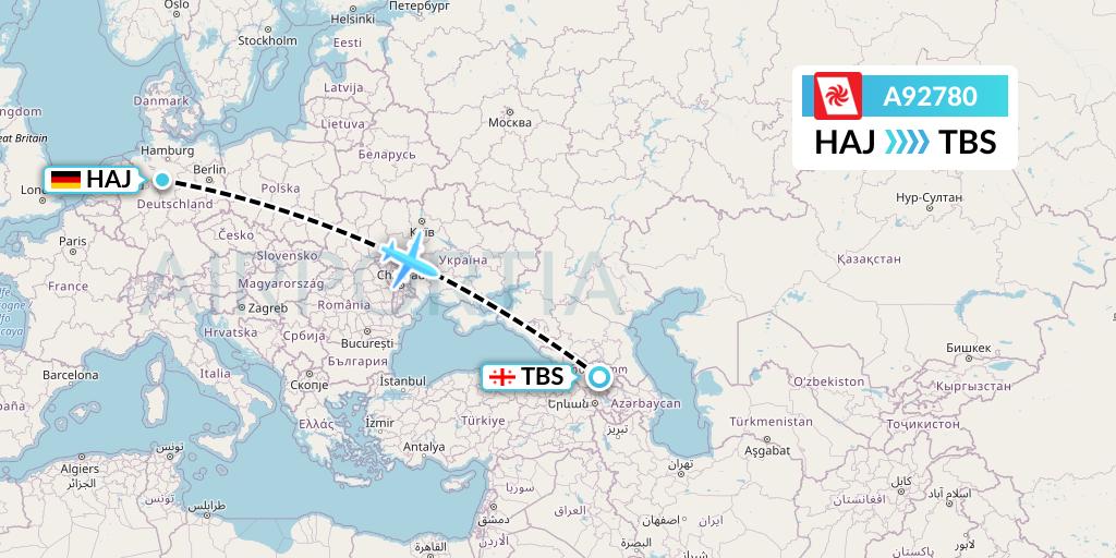 A92780 Georgian Airways Flight Map: Hannover to Tbilisi