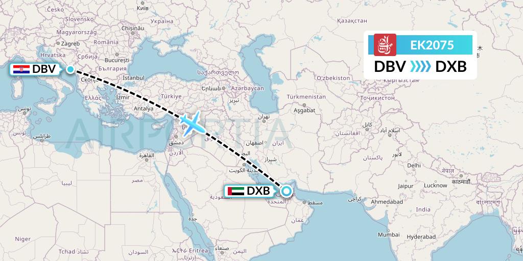 EK2075 Emirates Flight Map: Dubrovnik to Dubai