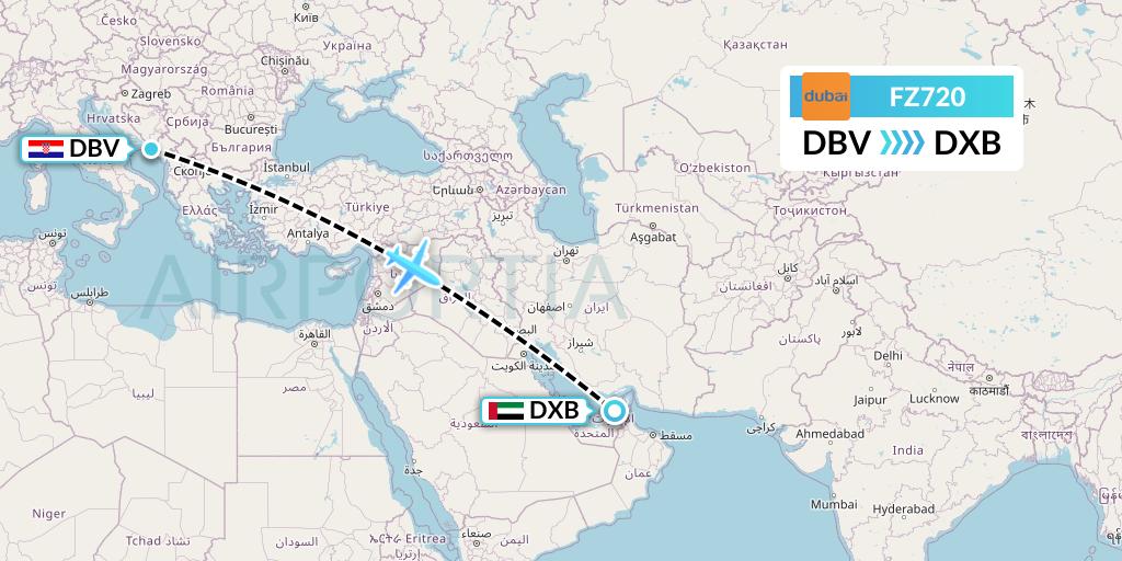 FZ720 FlyDubai Flight Map: Dubrovnik to Dubai