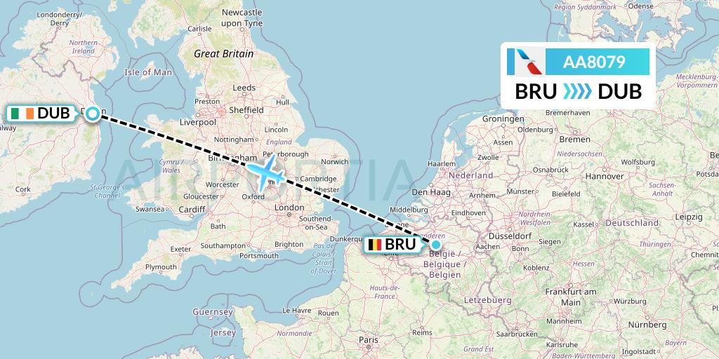 AA8079 American Airlines Flight Map: Brussels to Dublin