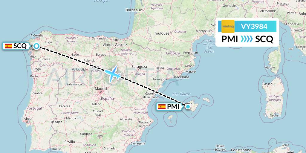 VY3984 Vueling Flight Map: Palma de Mallorca to Santiago