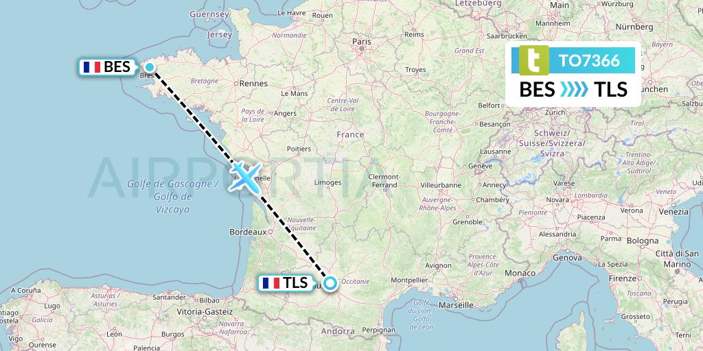 TO7366 Transavia France Flight Map: Brest to Toulouse
