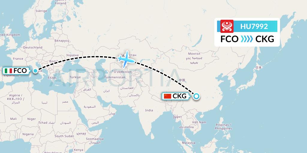 HU7992 Hainan Airlines Flight Map: Rome to Chongqing
