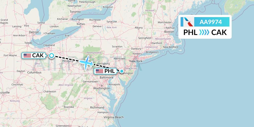 AA9974 American Airlines Flight Map: Philadelphia to Akron