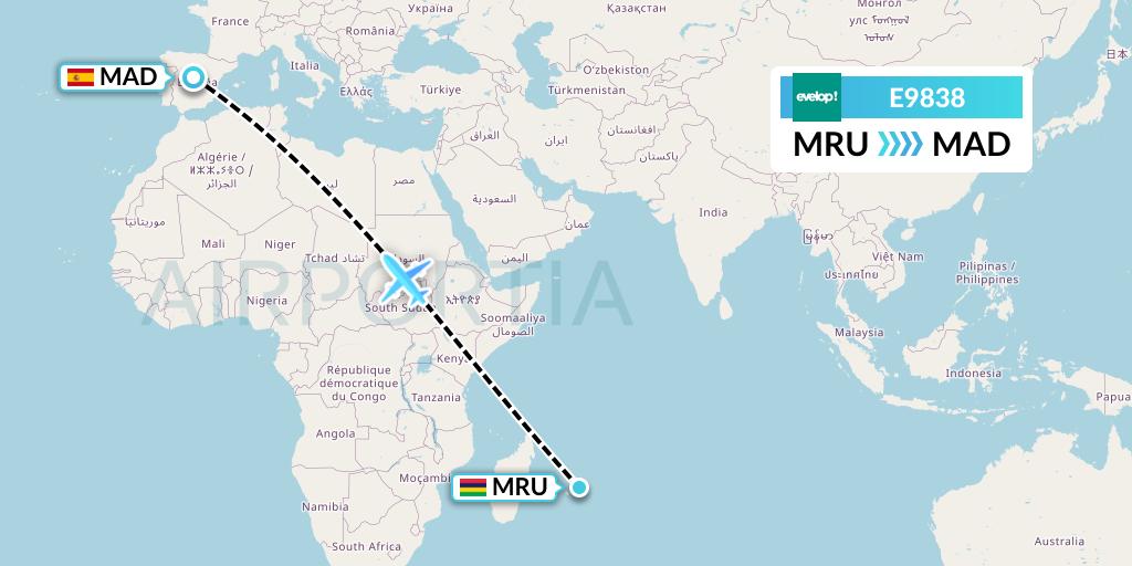 E9838 Evelop Airlines Flight Map: Port Louis to Madrid