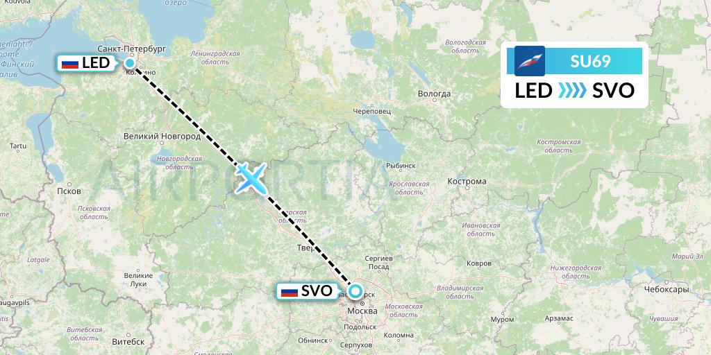 SU69 Aeroflot Flight Map: St. Petersburg to Moscow