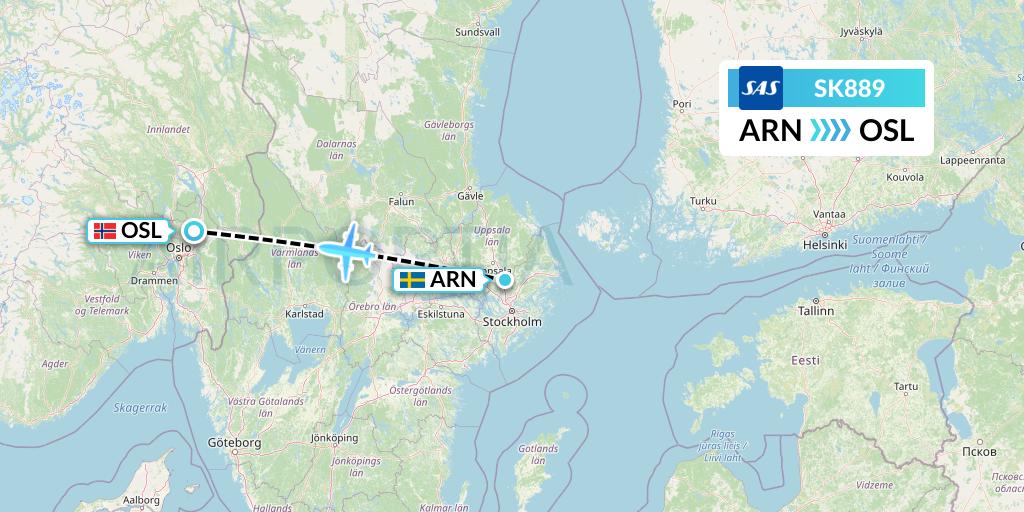 SK889 SAS Flight Map: Stockholm to Oslo