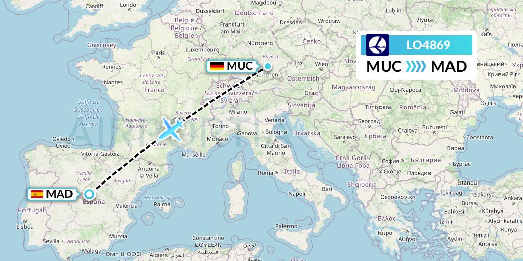 LO4869 LOT Flight Map: Munich to Madrid