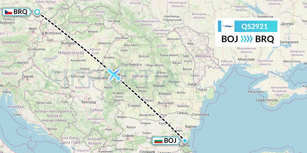QS2921 Smartwings Flight Map: Burgas to Brno