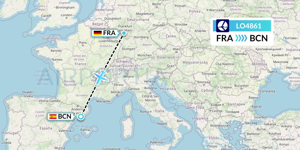 LO4861 LOT Flight Map: Frankfurt to Barcelona
