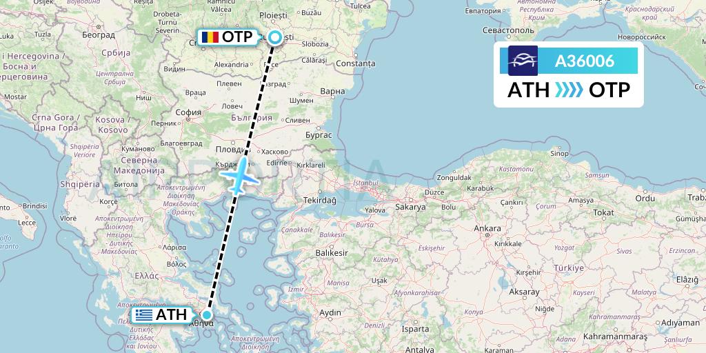 A36006 Aegean Airlines Flight Map: Athens to Bucharest