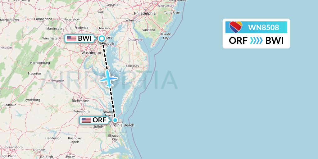 WN8508 Southwest Airlines Flight Map: Norfolk to Baltimore